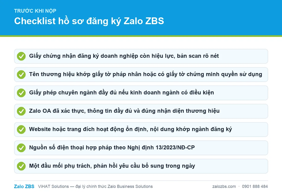 Checklist kiểm tra hồ sơ trước khi nộp đăng ký Zalo ZBS