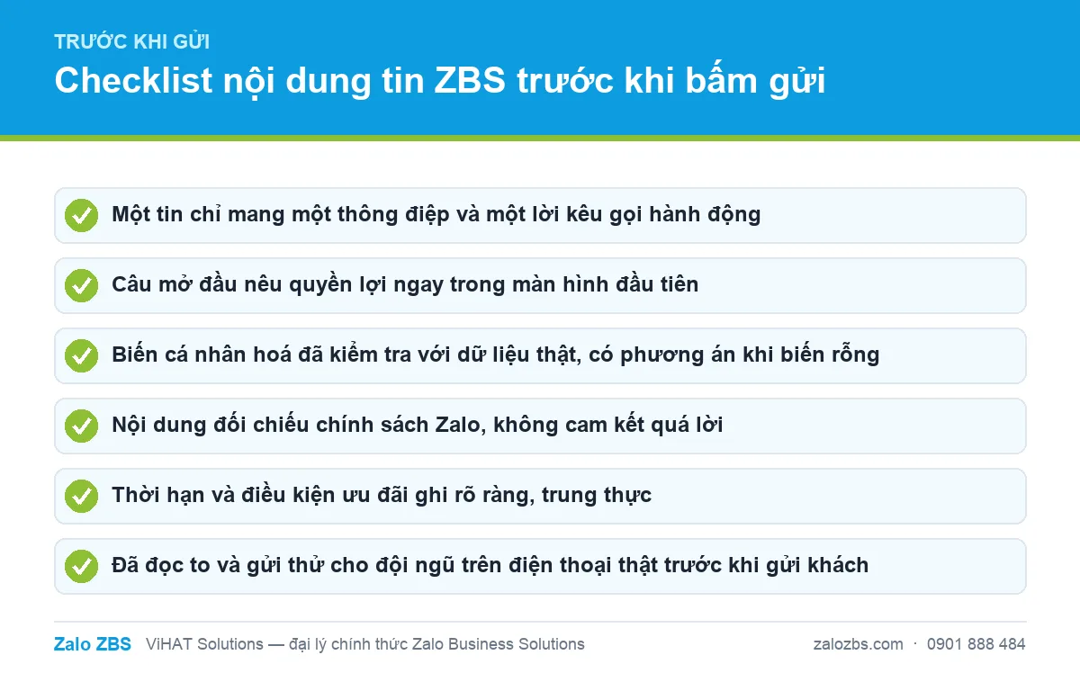 Checklist rà soát nội dung tin ZBS trước khi bấm gửi chiến dịch
