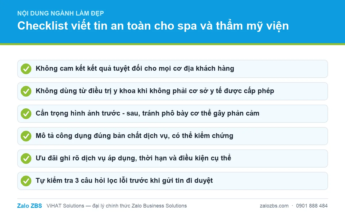 Checklist nội dung an toàn khi soạn tin ZBS cho ngành làm đẹp