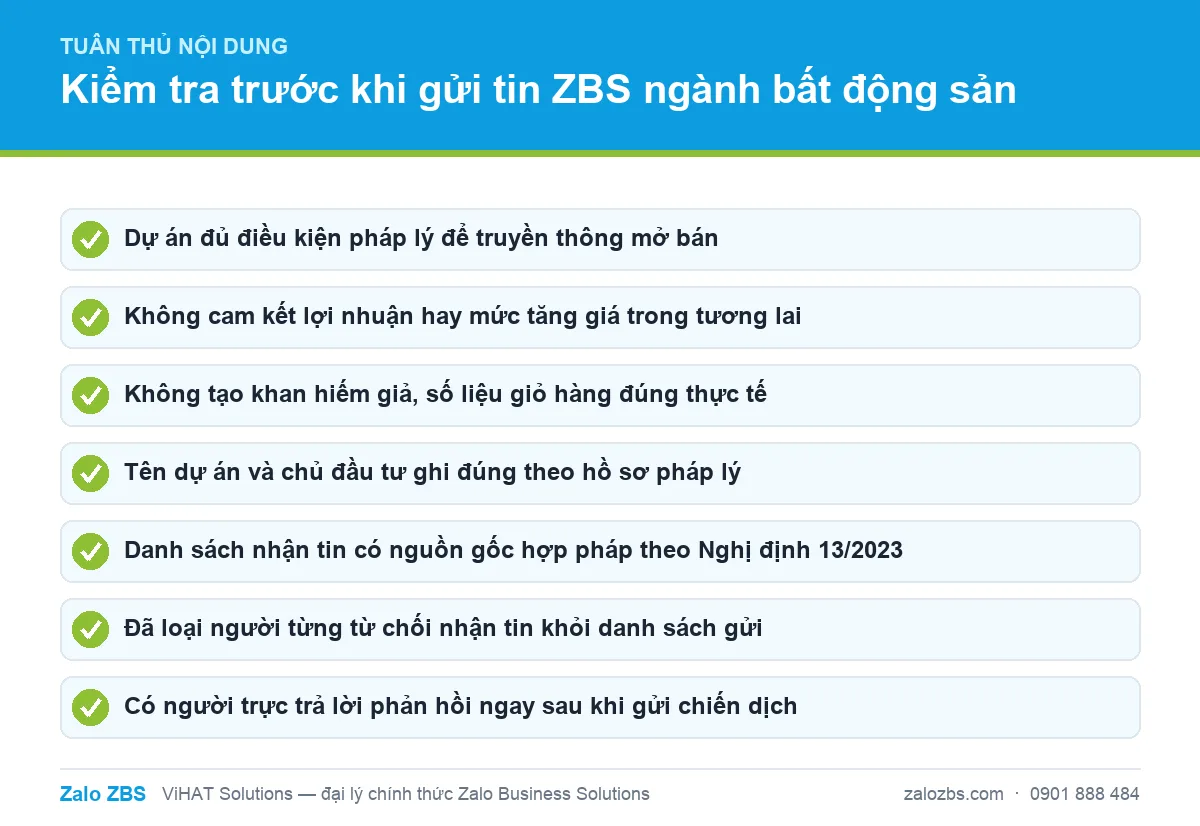 Danh sách kiểm tra tuân thủ nội dung trước khi gửi tin ZBS cho dự án bất động sản