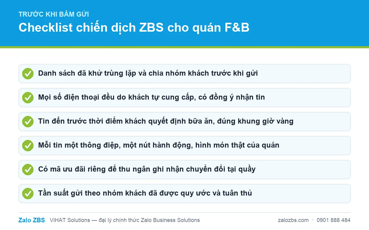 Checklist kiểm tra trước khi gửi chiến dịch ZBS cho quán F&B