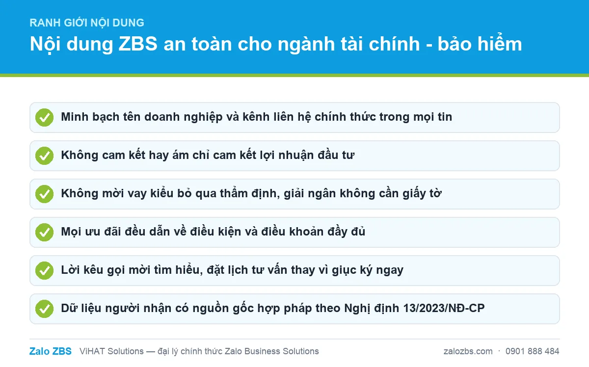 Danh sách nguyên tắc nội dung an toàn khi gửi tin ZBS trong ngành tài chính - bảo hiểm