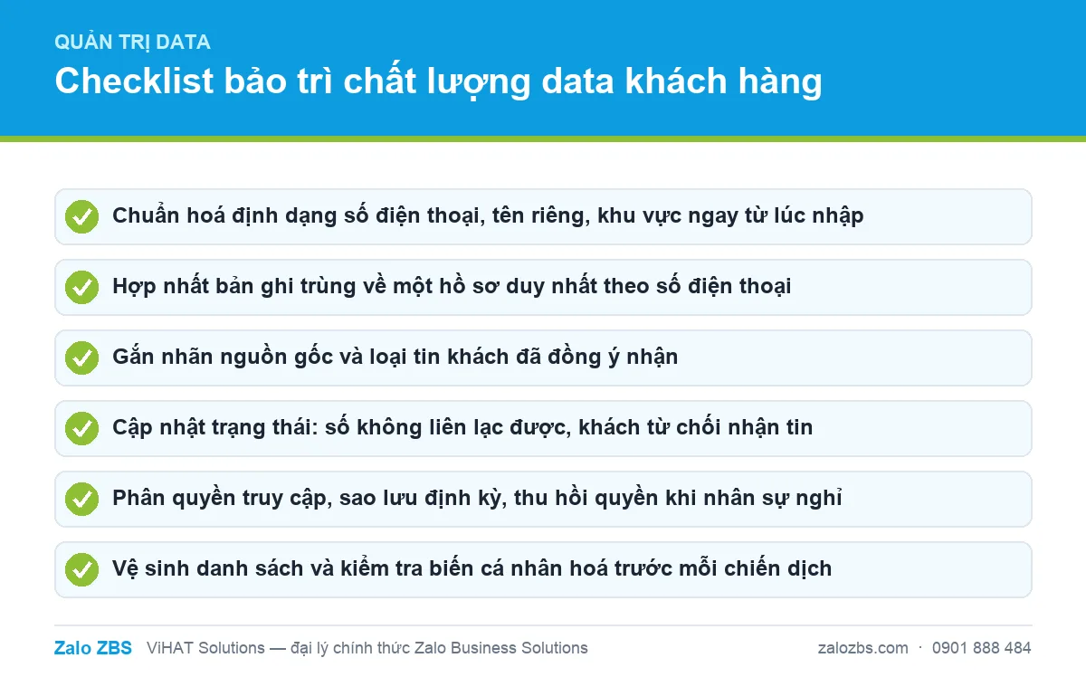 Checklist bảo trì chất lượng data trước khi đưa vào chiến dịch gửi tin