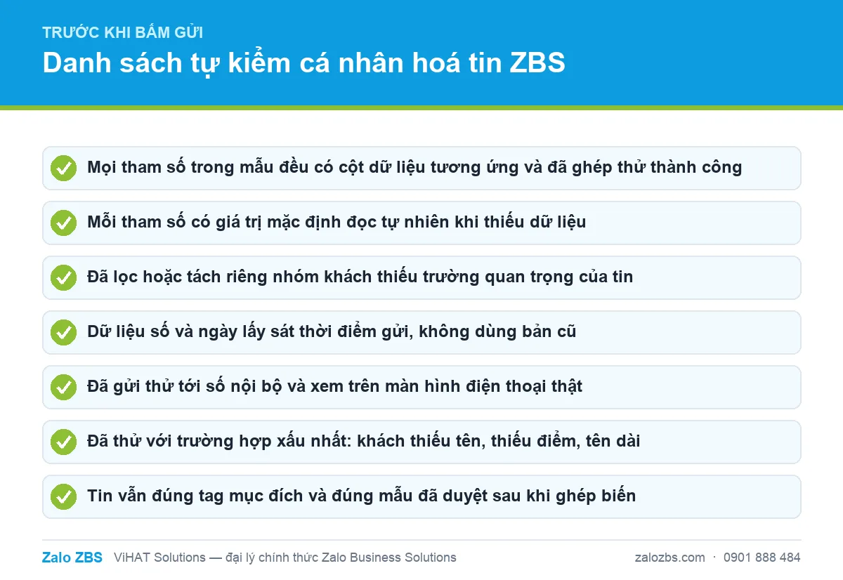 Danh sách tự kiểm bảy mục cần soát trước khi gửi tin ZBS cá nhân hoá hàng loạt