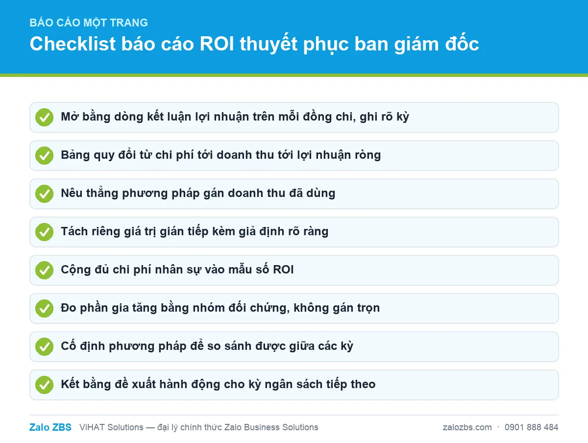 Tám điểm cốt lõi của một báo cáo ROI một trang đủ sức thuyết phục ban giám đốc.
