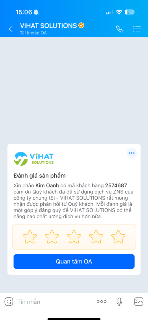 Tin mẫu Zalo ZBS chăm sóc khách hàng và mời đánh giá 5 sao