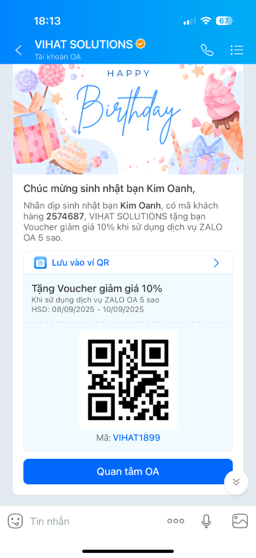 Tin mẫu Zalo ZBS Voucher tặng mã ưu đãi lưu vào ví QR