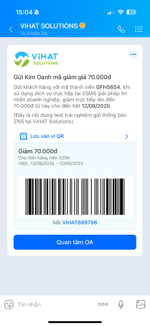 Tin mẫu Zalo ZBS quảng cáo gửi mã giảm giá cho khách hàng