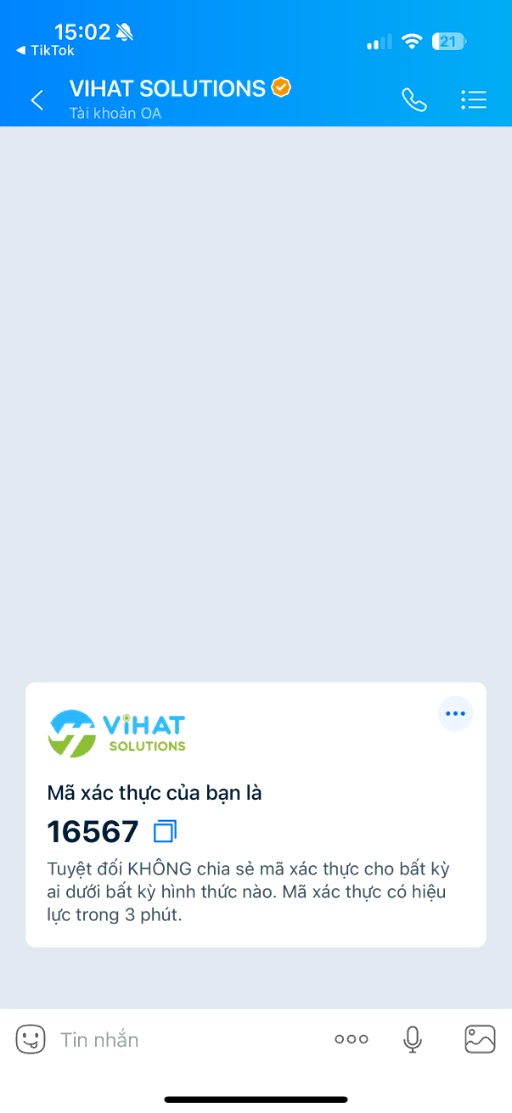Tin mẫu Zalo ZBS gửi mã OTP xác thực