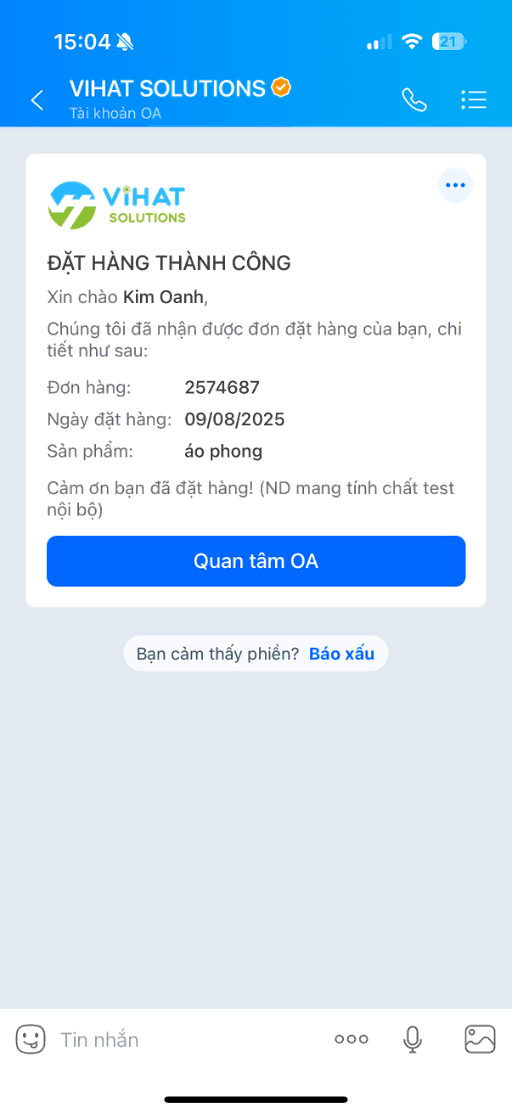 Tin mẫu Zalo ZBS xác nhận đơn hàng và vận chuyển