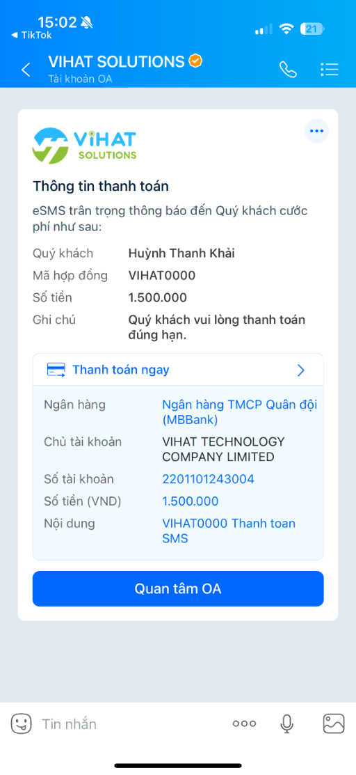 Tin mẫu Zalo ZBS có nút thanh toán nhanh ngay trong tin nhắn