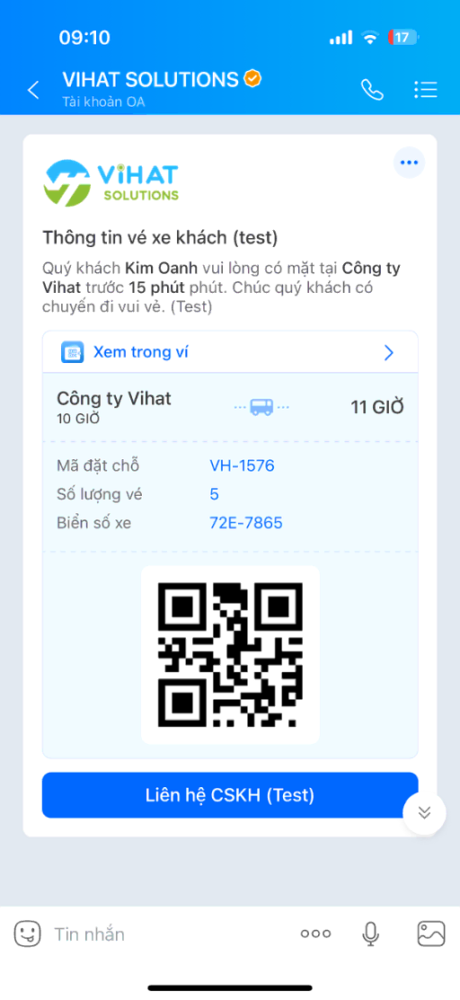 Tin mẫu Zalo ZBS thông tin giao dịch và vé điện tử kèm mã QR