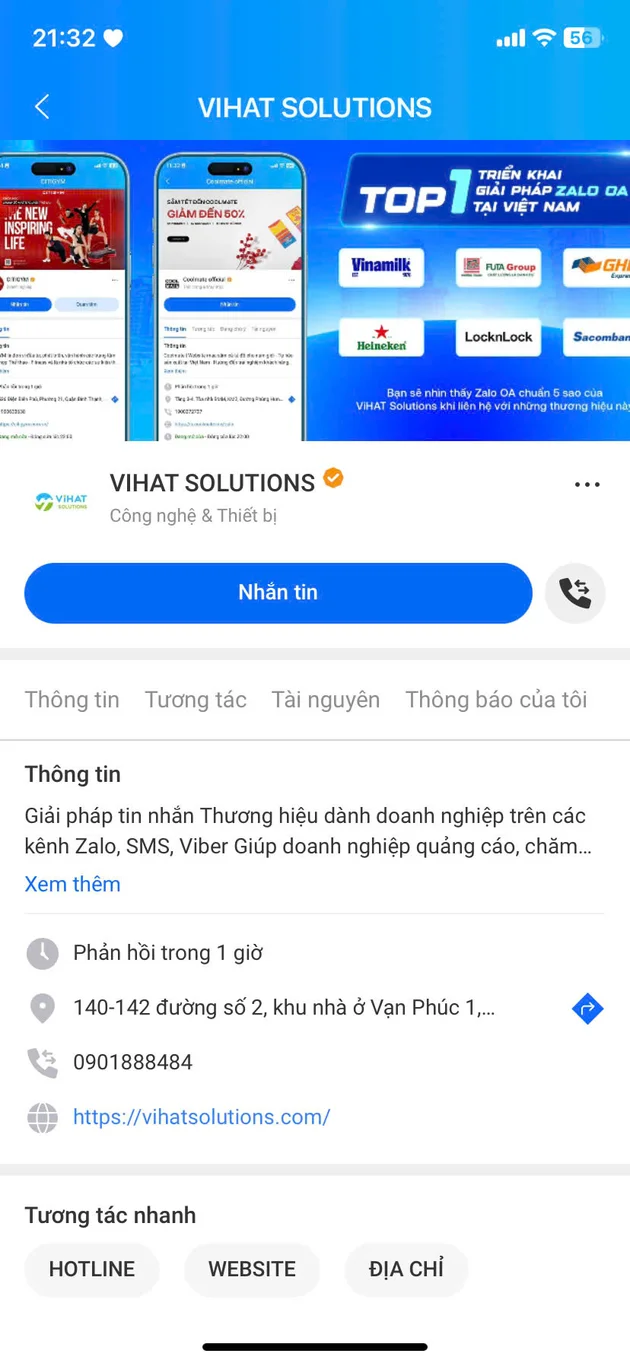 Giao diện Zalo OA chính thức của ViHAT Solutions có tick vàng
